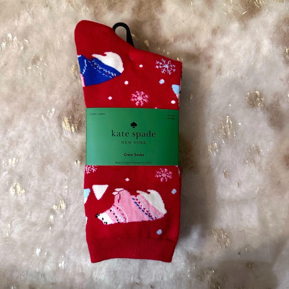 Kate Spade Crew Socks(3 Pairs)-Red/Black Multi-Polar Bear,Solid,Polka Dot NEWW